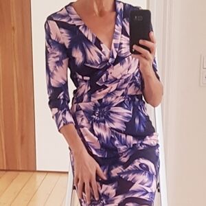 MARC CAIN, FLORAL ABSTRACT PINK, BLACK, BLUE, WRAP, DRESS, SIZE L, NWOT